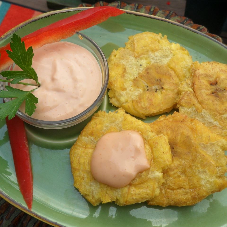 Tostones: Twice Fried Green Plantains with Mayo Ketchup Dipping Sauce